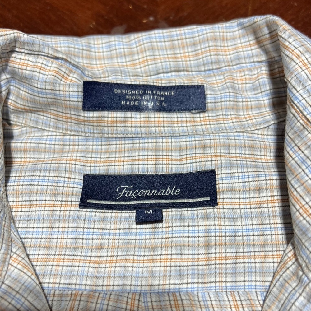 Faconnable Mens Plaid Button Down Shirt Size M Blue Orange Cotton Made in USA - Picture 3 of 13